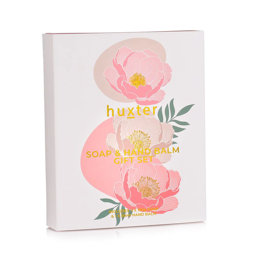 Gift set packaging with floral design and 'huxter' branding on a white Australia background