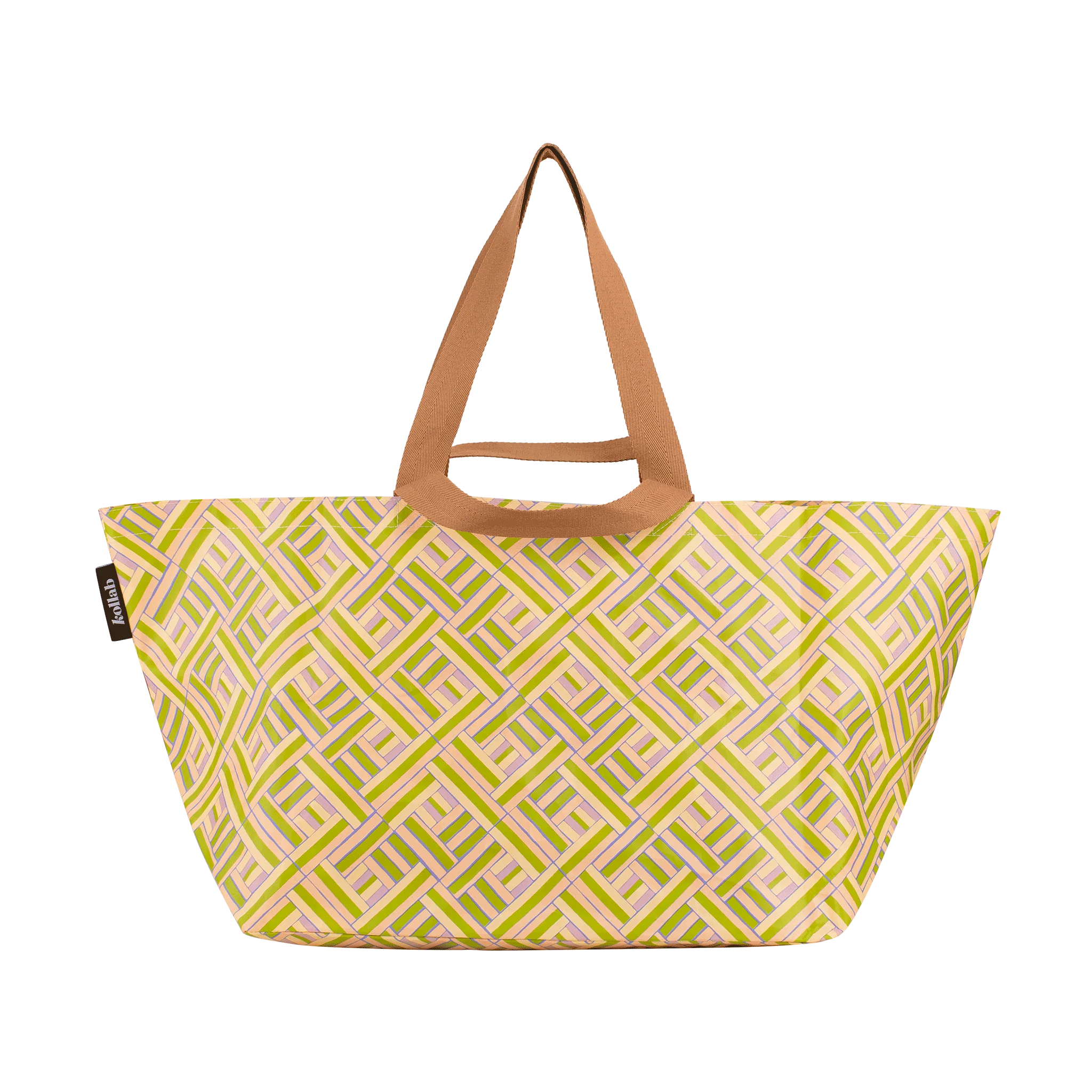 Tote bag with geometric pattern and brown handle on a white background Australia