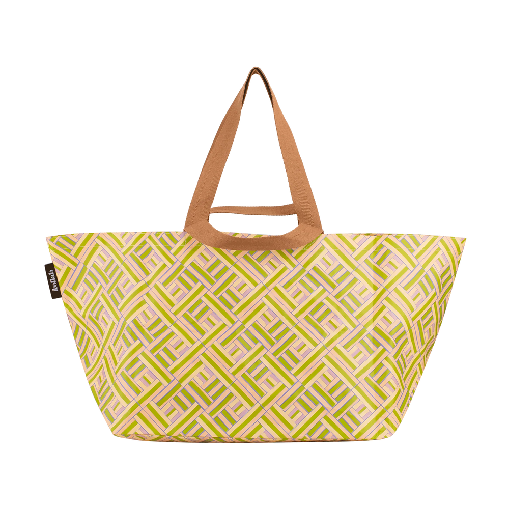 Tote bag with geometric pattern and brown handle on a white background Australia