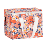 Floral-patterned storage bag with white handles on a white background Australia